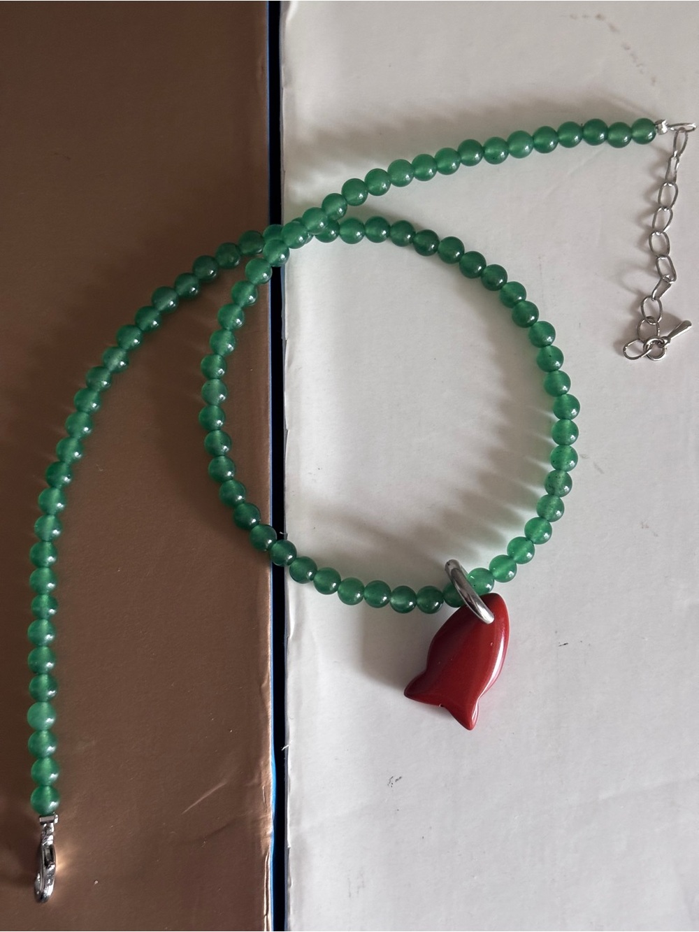 Aventurine Natural Stone Beaded Necklace 4mm With Red Jasper Fish Pendant - Picture 2 of 5